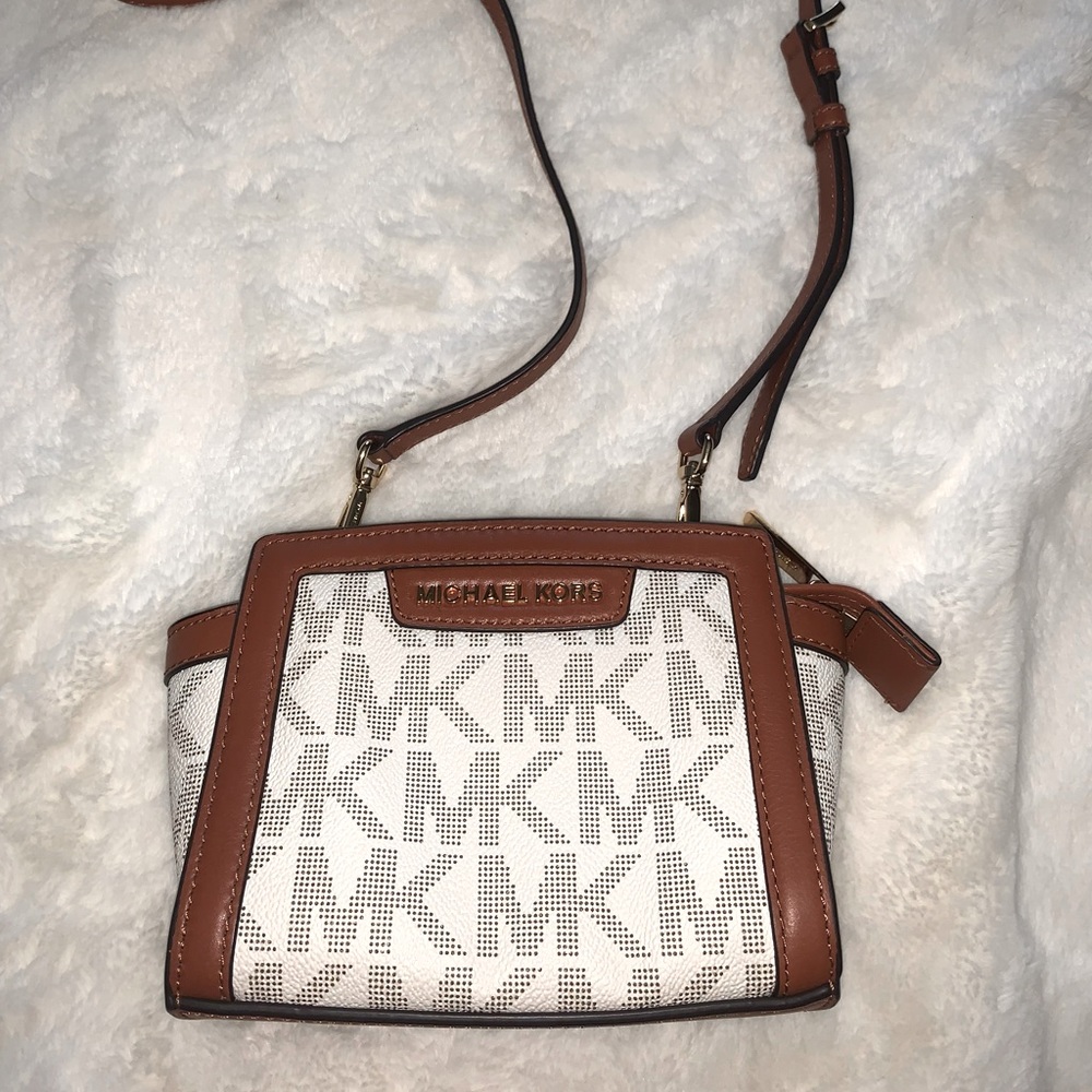 White and Brown MK Crossbody Bag